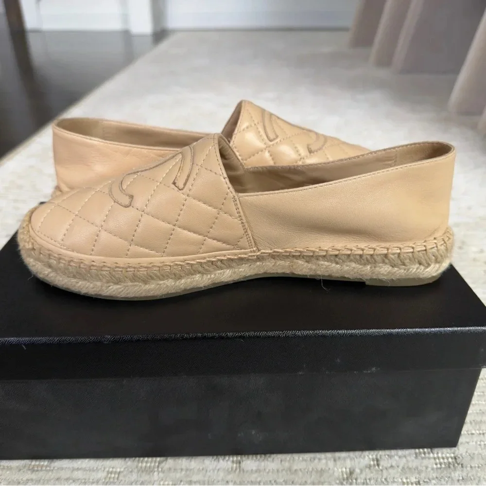 Chanel Beige Quilted Lambskin Leather CC Women's Espadrilles Size EU 38